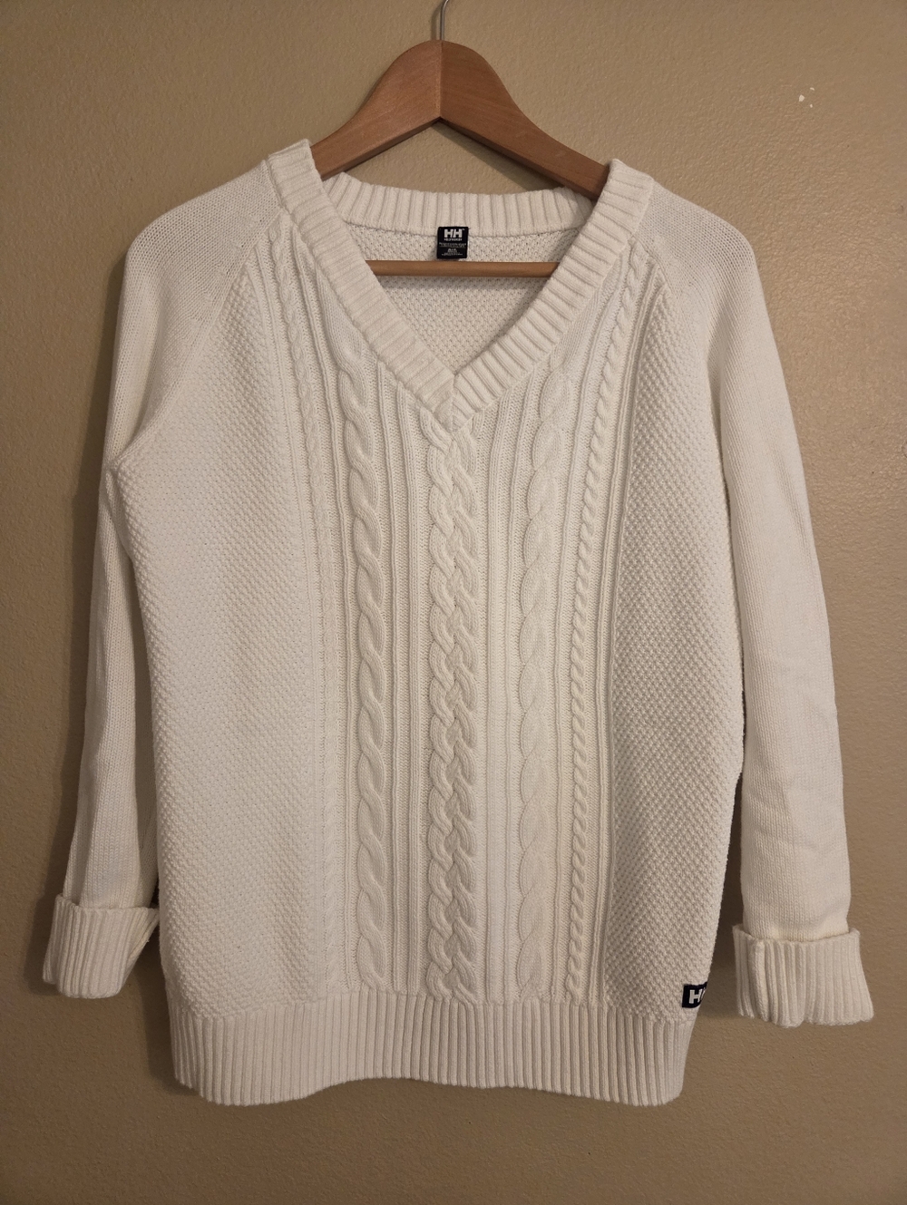 HELLY HANSEN White Cable Knit Vneck Preppy Academia Fishermencore Sweater SZ S‎